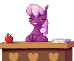 Size: 1965x1643 | Tagged: safe, artist:aquaticvibes, cheerilee, earth pony, pony, apple, cheeribetes, cute, eyes closed, female, food, grin, mare, paper, shading, simple background, smiling, solo, white background