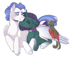 Size: 3200x2600 | Tagged: safe, artist:monnarcha, oc, oc only, oc:amelia, oc:icarus, bird, pegasus, pony, unicorn, female, high res, lying down, male, mare, prone, simple background, stallion, transparent background