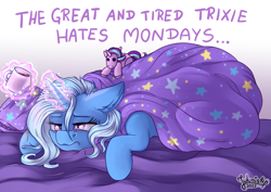 Size: 4093x2894 | Tagged: safe, artist:julunis14, starlight glimmer, trixie, pony, unicorn, g4, bedsheets, coffee, female, frown, high res, i hate mondays, levitation, magic, mare, mug, pillow, plushie, solo, starlight glimmer plushie, telekinesis, text, tired, wavy mouth