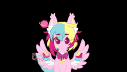 Size: 1280x720 | Tagged: safe, artist:snow angel, oc, oc only, oc:planet letty, pegasus, pony, :3, animated, black background, bowtie, bust, ear fluff, eyebrows, eyebrows visible through hair, eyes closed, female, heart, looking at you, mare, no sound, open mouth, open smile, saturn, simple background, smiling, smiling at you, solo, spread wings, starry eyes, stars, video, vtuber, watermark, webm, wingding eyes, wings