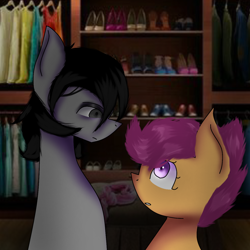 Size: 1280x1280 | Tagged: safe, artist:v1rn0, scootaloo, oc, oc:daijopony, earth pony, pegasus, pony, g4, digital art, duo, female, filly, foal, looking at each other, looking at someone, male, stallion