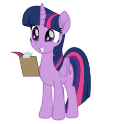 Size: 1000x1095 | Tagged: safe, artist:spookitty, twilight sparkle, alicorn, pony, animated, clipboard, cute, female, folded wings, full body, gif, grin, happy, hooves, horn, loop, mare, quill, simple background, smiling, solo, standing, starry eyes, twiabetes, twilight sparkle (alicorn), white background, wingding eyes, wings