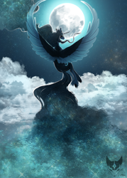 Size: 3000x4200 | Tagged: safe, artist:lastaimin, princess luna, alicorn, pony, g4, cloud, ethereal mane, ethereal tail, high res, horn, looking back, moon, night, palindrome get, signature, solo, spread wings, tail, wings