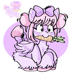 Size: 1280x1280 | Tagged: safe, artist:lolettecore, oc, oc only, pegasus, pony, 2020, bow, carrot, chest fluff, cute, female, floppy ears, fluffy, food, hair bow, herbivore, mare, mouth hold, pastel, ponysona, redraw, solo, tail, tail bow