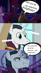 Size: 1080x1908 | Tagged: safe, artist:decokenite, edit, edited screencap, screencap, chancellor neighsay, tempest shadow, twilight sparkle, alicorn, pony, unicorn, g4, additional details, additional text, asking, broken horn, clothes, female, grin, holiday, horn, male, mare, photo, robe, shipping, smiling, smirk, speech bubble, speechless, straight, tempest neighsay, text, twilight sparkle (alicorn), valentine, valentine's day, wingding eyes