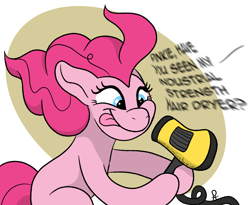 Size: 1330x1092 | Tagged: safe, artist:doodledonutart, pinkie pie, earth pony, pony, g4, :p, comic, dialogue, female, hair dryer, implied rarity, mare, one-panel comic, smiling, tongue out, windswept mane
