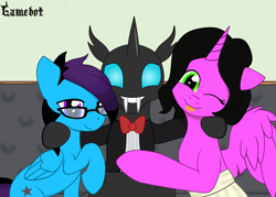 Size: 1400x1000 | Tagged: safe, artist:tcgamebot, oc, oc only, oc:bizku, oc:changelink, oc:sarah, alicorn, changeling, pegasus, pony, bowtie, clothes, couch, cuddling, cute, fangs, female, glasses, hug, looking at you, lucky bastard, male, one eye closed, polyamory, shipping, sitting, smiling, tongue out, tuxedo