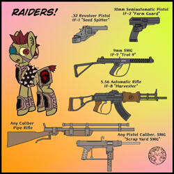 Size: 1024x1024 | Tagged: safe, artist:dice-warwick, fallout equestria, assault rifle, ear piercing, earring, elbow pads, gradient background, gun, handgun, hooped earrings, jewelry, knee pads, luty submachine gun, mohawk, piercing, pistol, raider, raider armor, revolver, rifle, scar, spiky mane, submachinegun, weapon, yellow sclera