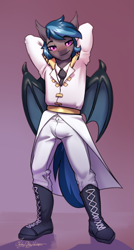 Size: 1604x3000 | Tagged: safe, artist:jedayskayvoker, oc, oc:nocturne star, bat pony, anthro, anthro oc, bat pony oc, bat wings, blushing, clothes, colored, colored sketch, full color, looking at you, male, patreon, patreon reward, sketch, solo, stallion, sultry pose, uniform, wings
