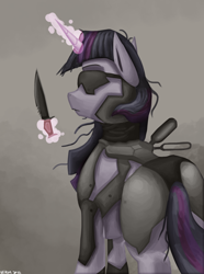 Size: 1000x1346 | Tagged: safe, artist:vezja, twilight sparkle, pony, unicorn, g4, abstract background, armor, female, futuristic, glasses, horn, knife, magic, mare, menacing, simple background, soldier, solo, telekinesis, unicorn twilight