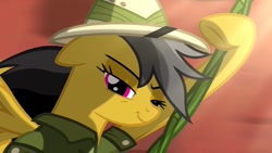 Size: 1280x720 | Tagged: safe, screencap, daring do, pegasus, pony, g4, stranger than fan fiction, clothes, cute, daring dorable, female, hat, pith helmet, shirt, solo, spread wings, vine, wings