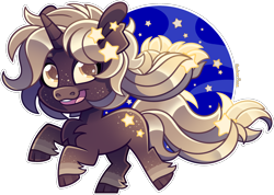 Size: 1932x1378 | Tagged: safe, artist:amberpone, oc, oc only, oc:glowing star, pony, unicorn, brown fur, cel shading, chest fluff, chibi, commission, cute, digital art, female, freckles, full body, long hair, long mane, looking at you, mare, paint tool sai, shading, simple background, solo, space, stars, transparent background, yellow eyes, yellow mane