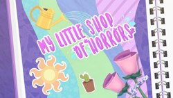 Size: 1366x768 | Tagged: safe, screencap, equestria girls, g4, my little pony equestria girls: better together, my little shop of horrors, cactus, flower, princess celestia's cutie mark, title card, watering can