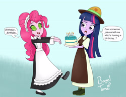 Size: 3300x2550 | Tagged: safe, artist:bageloftime, pinkie pie, twilight sparkle, equestria girls, g4, cake, candle, clothes, duo, food, high res, hypno eyes, hypnosis, hypnotized, long dress, long skirt, maid, pinkie maid, skirt, swirly eyes, twilight sparkle (alicorn)