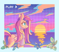 Size: 2820x2480 | Tagged: safe, artist:wavecipher, fluttershy, pegasus, pony, g4, clothes, female, folded wings, glasses, high res, looking away, mare, ocean, retrowave, round glasses, shirt, solo, standing, sunset, t-shirt, timestamp, vaporwave, water, white pupils, wings