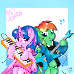 Size: 1403x1396 | Tagged: safe, artist:rainbow eevee, oc, oc:hsu amity, oc:lightning chaser, alicorn, pegasus, pony, album cover, alicorn oc, blue eyes, clothes, colored wings, cover art, cute, digital art, duo, electric guitar, glasses, gradient background, guitar, guitar pick, horn, jewelry, keyboard, lightning, looking at each other, looking at someone, looking down, looking up, multicolored hair, musical instrument, necklace, pegasus oc, purple eyes, rainbow hair, text, two toned wings, wings