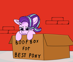 Size: 2277x1943 | Tagged: safe, artist:kpapwiss, starlight glimmer, pony, unicorn, g4, boop box, box, cute, female, glimmerbetes, mare, pony in a box, sad, sadorable, solo, wall