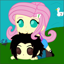 Size: 1000x1000 | Tagged: safe, artist:flutteryaylove, fluttershy, oc, oc:lusshy aragrev, bird, duck, equestria girls, g4, black hair, chibi, clothes, cringing, duo, grass, happy, lake, pants, rose hair, shoes, smiling, wide eyes