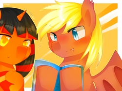 Size: 1280x960 | Tagged: safe, artist:shilzumi, oc, oc only, oc:flame deadpan, bat pony, pony, unicorn, blushing, book, duo, emanata, eye clipping through hair, fangs, female, looking at something, male, mare, question mark, reading, signature, stallion