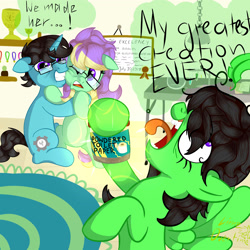 Size: 2400x2400 | Tagged: safe, artist:limeovertime, oc, oc only, pegasus, pony, unicorn, female, filly, foal, glasses, high res, horn, invention, mad scientist, pegasus oc, tongue out, trio, unicorn oc