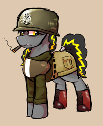 Size: 536x656 | Tagged: safe, artist:crazy water, artist:plaguetyranno, oc, oc:bug-zapper, earth pony, pony, clothes, female, mare, military uniform, smoking, story in the source, uniform