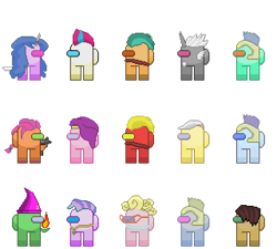 Size: 640x576 | Tagged: safe, artist:derek the metagamer, alphabittle blossomforth, hitch trailblazer, izzy moonbow, jasper, phyllis cloverleaf, pipp petals, queen haven, skye silver, sprout cloverleaf, sunny starscout, thunder flap, zipp storm, zoom zephyrwing, oc, oc:green crewmage, earth pony, pegasus, pony, unicorn, g5, my little pony: a new generation, 2d, among us, aseprite, crewmate, impostor, mane five, pippasprite, pixel art, royal guard, rule 85, simple background, spacesuit, sprout joins the mane five, transparent background