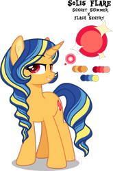 Size: 1739x2632 | Tagged: safe, artist:star-gaze-pony, oc, oc only, oc:solis flare, pony, unicorn, eyebrows, eyebrows visible through hair, female, full body, grin, high res, hooves, horn, lidded eyes, mare, multicolored mane, multicolored tail, offspring, parent:flash sentry, parent:sunset shimmer, parents:flashimmer, reference sheet, shadow, signature, simple background, smiling, solo, standing, tail, transparent background, unicorn oc