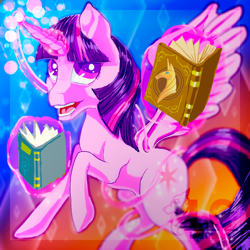 Size: 1024x1024 | Tagged: safe, artist:may-li128, twilight sparkle, alicorn, pony, g4, book, female, glowing, glowing horn, horn, magic, solo, telekinesis, twilight sparkle (alicorn)