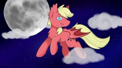 Size: 1280x719 | Tagged: artist needed, safe, oc, oc only, bat pony, pony, cloud, flying, looking down, male, moon, night, night sky, sky, solo, stallion
