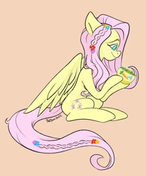 Size: 854x1024 | Tagged: safe, artist:thefawnflying, fluttershy, pegasus, pony, g4, bowl, flower, flower in hair, hippie, hippieshy, implied angel bunny, simple background, solo
