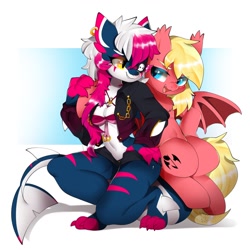 Size: 1280x1280 | Tagged: safe, artist:snow angel, oc, oc only, oc:jack (jackpon3), bat pony, pony, shark, anthro, digitigrade anthro, bat pony oc, breasts, clothes, duo, eyepatch, father and child, father and daughter, female, furry, furry oc, looking at each other, looking at someone, male, non-mlp oc, sparkly eyes, stallion, wingding eyes
