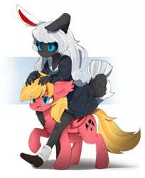 Size: 1045x1280 | Tagged: safe, artist:snow angel, oc, oc only, oc:jack (jackpon3), bat pony, pony, rabbit, animal, bat pony oc, clothes, duo, eye clipping through hair, father and child, father and daughter, female, furry, furry oc, male, non-mlp oc, riding a pony, stallion