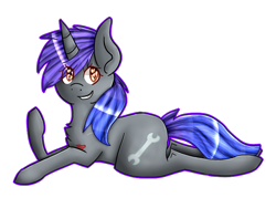 Size: 800x600 | Tagged: safe, artist:kittenburger3, oc, oc only, oc:ombre gears, pony, unicorn, chest fluff, female, horn, lying down, prone, smiling, solo, unicorn oc