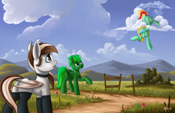 Size: 5100x3300 | Tagged: safe, artist:supermoix, oc, oc:choco blanc, oc:daylight, oc:typh, bat pony, pegasus, pony, bat pony oc, cloud, cute, field, grass, mountain, pegasus oc