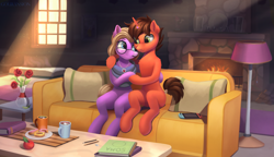 Size: 3875x2234 | Tagged: safe, artist:foxpit, oc, oc only, oc:libra lavanda, oc:mars aurelian, earth pony, pony, unicorn, apple, book, couch, donut, duo, female, fire, fireplace, flower, food, high res, horn, horn ring, lamp, male, mug, nintendo switch, pencil, pillow, ring, rose, window