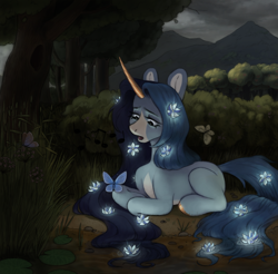 Size: 3000x2949 | Tagged: safe, artist:bloodymrr, oc, oc only, oc:joanna, butterfly, pony, unicorn, rcf community, apple, apple tree, blue eyes, blue mane, blue tail, bush, butterfly wings, cloud, colored hooves, commission, flower, flower in hair, forest, forest background, gold hooves, high res, hooves, lying, lying down, mountain, open mouth, river, sand, singing, sky, solo, tail, thunderstorm, tree, water, waterlily, wings