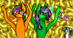 Size: 900x475 | Tagged: safe, artist:solarshifter, oc, oc only, pony, banana, charlie the unicorn, derp, food, trio