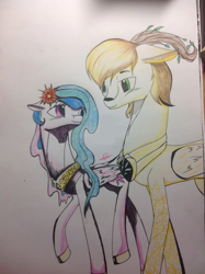 Size: 1613x2160 | Tagged: artist needed, safe, princess celestia, oc, oc:king mirael, alicorn, deer, pony, g4, duo, female, flower, flower in hair, looking at each other, looking at someone, male, mare, stallion, traditional art