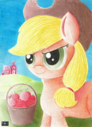 Size: 1700x2338 | Tagged: safe, artist:electric-television, applejack, earth pony, pony, g4, apple, female, food, solo, traditional art