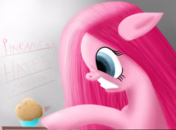 Size: 2700x2000 | Tagged: safe, artist:electric-television, pinkie pie, earth pony, pony, g4, angry, female, food, gritted teeth, high res, muffin, pinkamena diane pie, solo