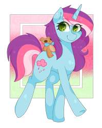 Size: 1720x2160 | Tagged: safe, artist:oniiponii, oc, oc only, pony, unicorn, abstract background, commission, commissioner:rainbowkittyy, female, horn, plushie, smiling, solo, teddy bear, transparent background, unicorn oc