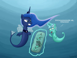 Size: 2640x1970 | Tagged: safe, artist:johnjoseco, artist:shivanking, lyra heartstrings, princess luna, sea pony, g4, 2012, blushing, body pillow, clothes, duo, luna is not amused, maid, pinpoint eyes, seaponified, seapony luna, seapony lyra, species swap, the legend of zelda, the legend of zelda cartoon, unamused, underwater, well excuse me princess