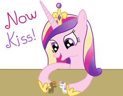 Size: 1100x860 | Tagged: safe, artist:chrisrainicorn, button mash, princess cadance, sweetie belle, alicorn, earth pony, pony, unicorn, g4, colt, crown, female, filly, foal, in-universe pegasister, jewelry, male, now kiss, princess of shipping, regalia, ship:sweetiemash, shipper on deck, shipping, solo, straight, toy