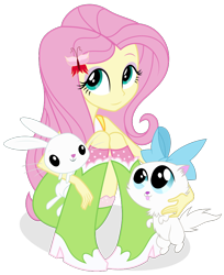 Size: 744x912 | Tagged: safe, artist:shizow, angel bunny, fluttershy, mitsy, cat, rabbit, equestria girls, g4, animal, female, male, simple background, sitting, smiling, tongue out, transparent background, trio, vector
