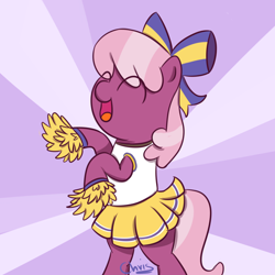 Size: 1000x1000 | Tagged: safe, artist:chrisrainicorn, cheerilee, earth pony, pony, g4, ^^, bipedal, cheerileeder, cheerleader, cheerleader outfit, clothes, cute, eye clipping through hair, eyes closed, female, happy, mare, open mouth, open smile, signature, skirt, smiling, solo, sunburst background