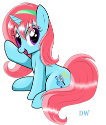 Size: 5075x6000 | Tagged: safe, artist:darkwolfmx, oc, oc only, oc:tasty frequency, pony, unicorn, absurd resolution, female, full body, hooves, horn, mare, open mouth, open smile, purple eyes, shading, signature, simple background, sitting, smiling, solo, tail, transparent background, unicorn oc, waving