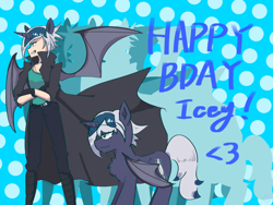 Size: 2048x1536 | Tagged: safe, artist:metaruscarlet, oc, oc only, oc:elizabat stormfeather, alicorn, bat pony, bat pony alicorn, human, pony, alicorn humanization, alicorn oc, bat pony oc, bat wings, birthday, birthday gift, boots, chest fluff, clothes, coat, duo, fangs, female, grin, horn, horned humanization, humanized, humanized oc, jewelry, mare, necklace, pants, self paradox, self ponidox, shirt, shoes, smiling, t-shirt, winged humanization, wings