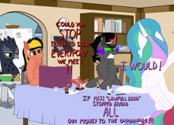Size: 3457x2495 | Tagged: safe, artist:justapone, giselle, irma, king sombra, princess celestia, oc, oc:golden blast, alicorn, griffon, pegasus, pony, unicorn, g4, angry, argument, bookshelf, cheek fluff, chest fluff, colored, dialogue, dice, digital art, dungeon master, ear fluff, februpony, female, food, gritted teeth, high res, indoors, male, mare, pegasus oc, popcorn, ship:celestibra, shipping, sombra eyes, stallion, straight, table, tablecloth, tabletop game, unamused