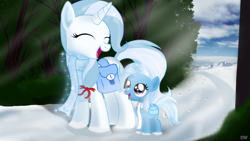 Size: 1920x1080 | Tagged: safe, artist:darkwolfmx, trixie, oc, oc:rayne lulamoon, pony, unicorn, g4, clothes, duo, female, filly, filly trixie, foal, glowing, glowing horn, horn, scarf, snow, unicorn oc, younger