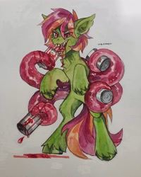 Size: 3000x3750 | Tagged: safe, artist:zlatavector, oc, oc only, oc:frame gravity, pony, eating, fangs, food, high res, male, soup, tentacles, tin, tomato, tomato soup, trade, traditional art